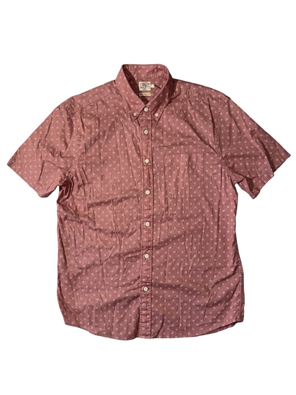 Faherty mens L Large pink floral short sleeve organic cotton button down shirt